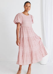 Graceful Blush Shirred Cotton Bubble Sleeve Tiered Maxi Dress