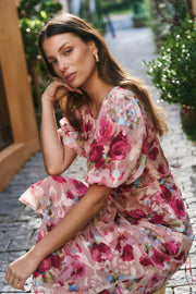 Exquisite Painted Rose Puff Sleeve Midi Dress