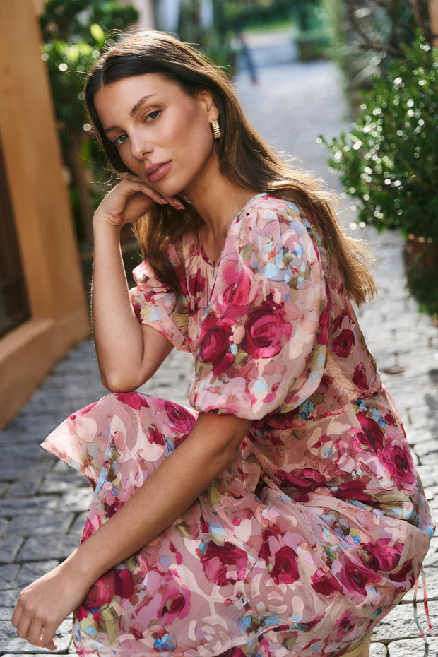 Exquisite Painted Rose Puff Sleeve Midi Dress