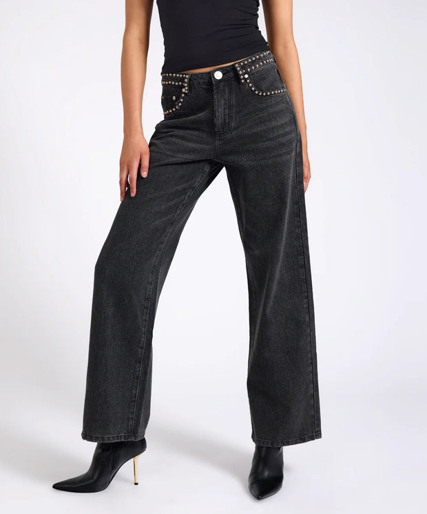 One Teaspoon Jacksons Mid Waist Studded Wide Jeans