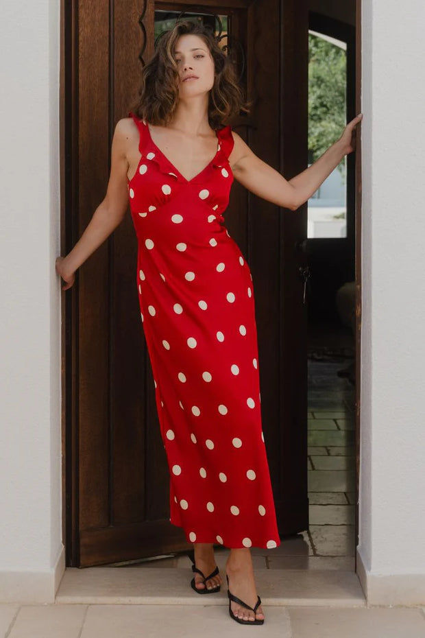 Delightful Cherry Polka Dot Satin Bias Slip Maxi Dress