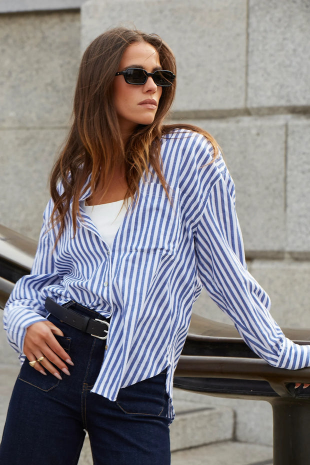 You Got This Mid Blue White O/S  Stripe Shirt