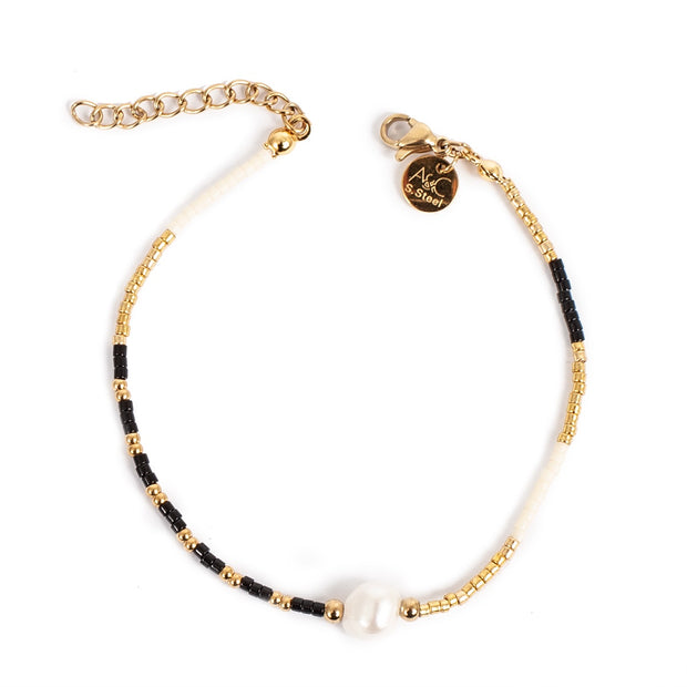 3047-0003 Freshwater Pearl Gold Plated Black & White Bracelet