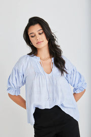 Ethereal Pale Blue Self Check Pintuck Front Top