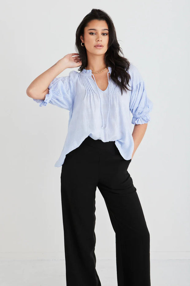 Ethereal Pale Blue Self Check Pintuck Front Top