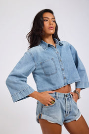 One Teaspoon Gracie Cropped Denim Shirt Misty Blue