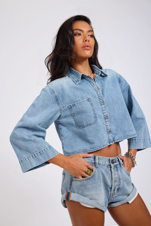 One Teaspoon Gracie Cropped Denim Shirt Misty Blue