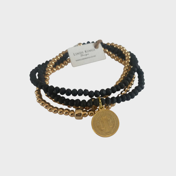 Beaded Bracelet Set - Matte Black & Gold w Charm