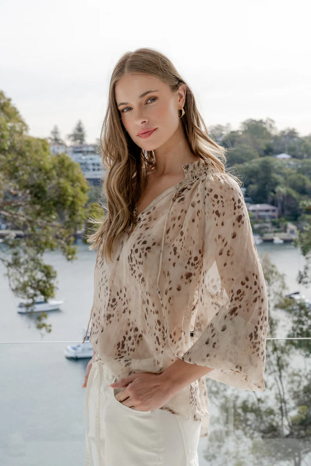 Odyssey Beige Leopard Georgette Shirred Neck LS Top