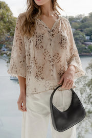 Odyssey Beige Leopard Georgette Shirred Neck LS Top
