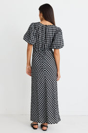 Astrid Black Check Puff Sleeve Bias Maxi Dress