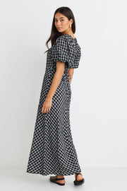 Astrid Black Check Puff Sleeve Bias Maxi Dress