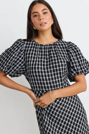 Astrid Black Check Puff Sleeve Bias Maxi Dress