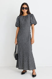 Astrid Black Check Puff Sleeve Bias Maxi Dress