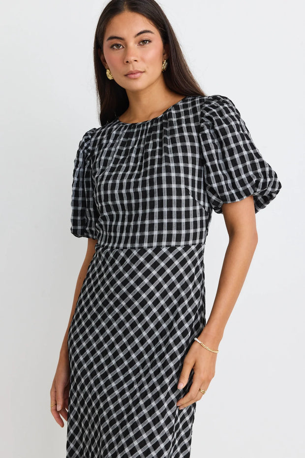 Astrid Black Check Puff Sleeve Bias Maxi Dress