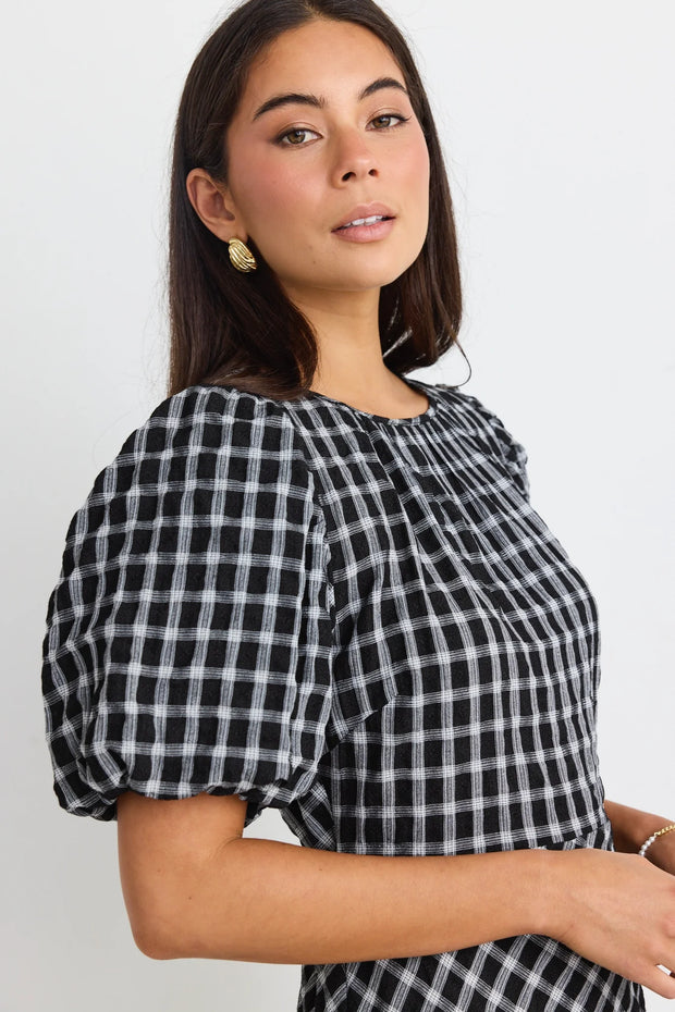 Astrid Black Check Puff Sleeve Bias Maxi Dress