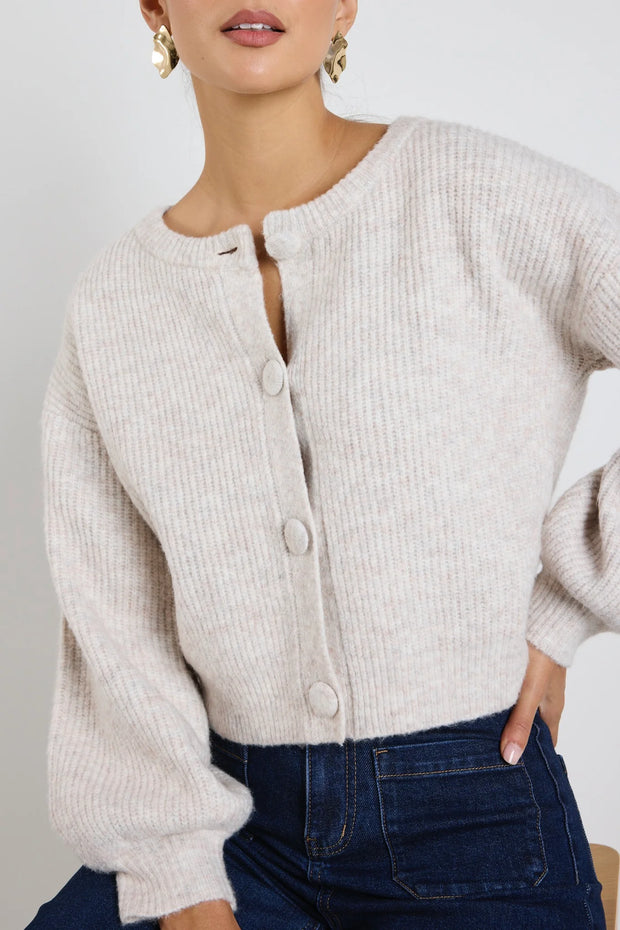 Oat Marle Chunky Knit Crewneck Cardigan