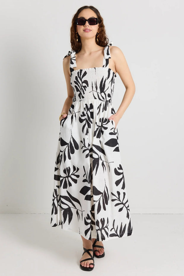 Capricorn Ivory Leaf Print Tie Strap Shirred Midi Dress