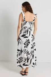 Capricorn Ivory Leaf Print Tie Strap Shirred Midi Dress