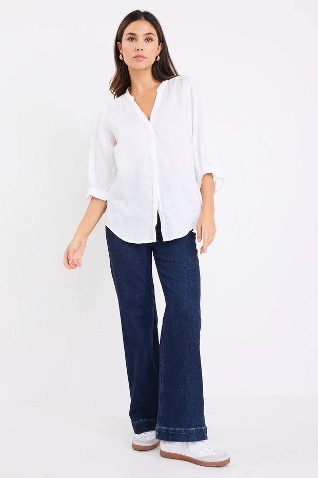 Deity White Linen Button Through Puff Sleeve Blouse