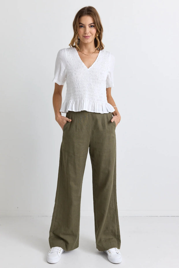 Mellow White Linen V Neck SS Shirred Top