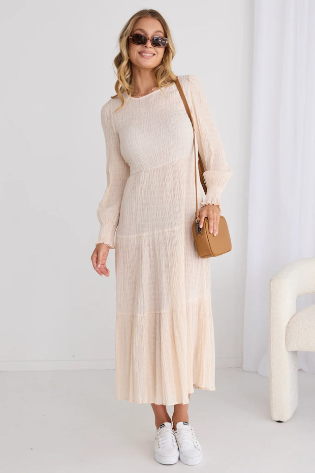 Effortless Ecru Shirred Maxi Dress