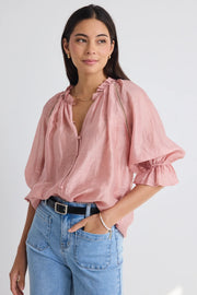 Encounter Blush Textured SS Gathered Button Front Top