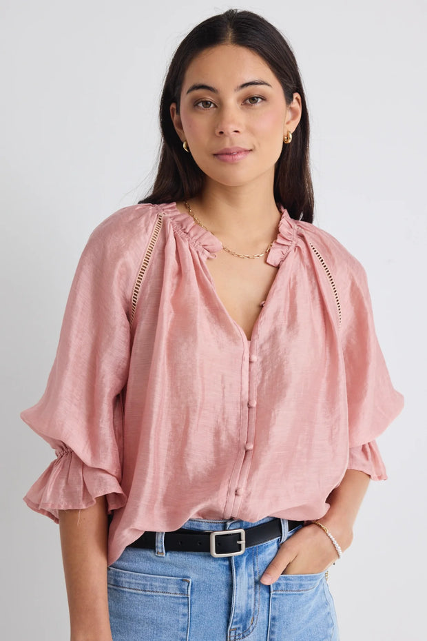 Encounter Blush Textured SS Gathered Button Front Top