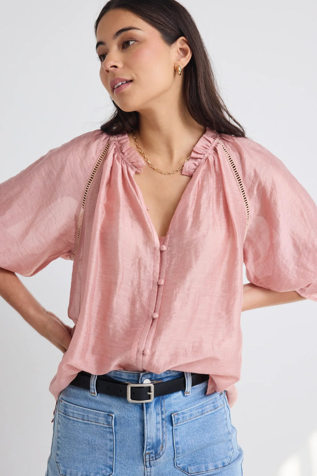 Encounter Blush Textured SS Gathered Button Front Top