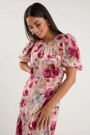 Exquisite Painted Rose Puff Sleeve Midi Dress
