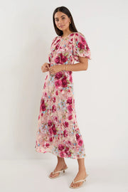Exquisite Painted Rose Puff Sleeve Midi Dress