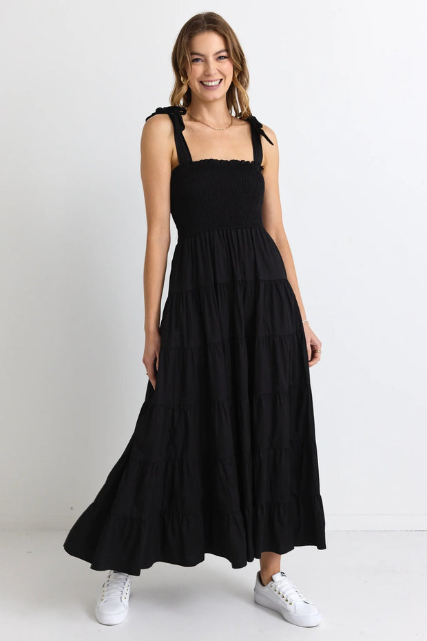 Isabella Black Cotton Poplin Strappy Tiered Maxi Dress