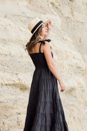 Isabella Black Cotton Poplin Strappy Tiered Maxi Dress