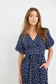 Lisbon Navy Polka Dot Puff Sleeve Midi Dress