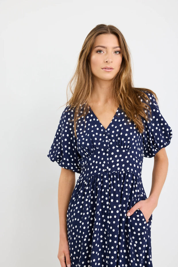 Lisbon Navy Polka Dot Puff Sleeve Midi Dress