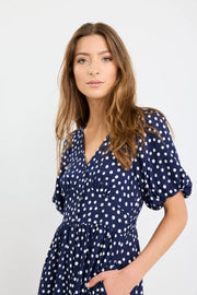 Lisbon Navy Polka Dot Puff Sleeve Midi Dress