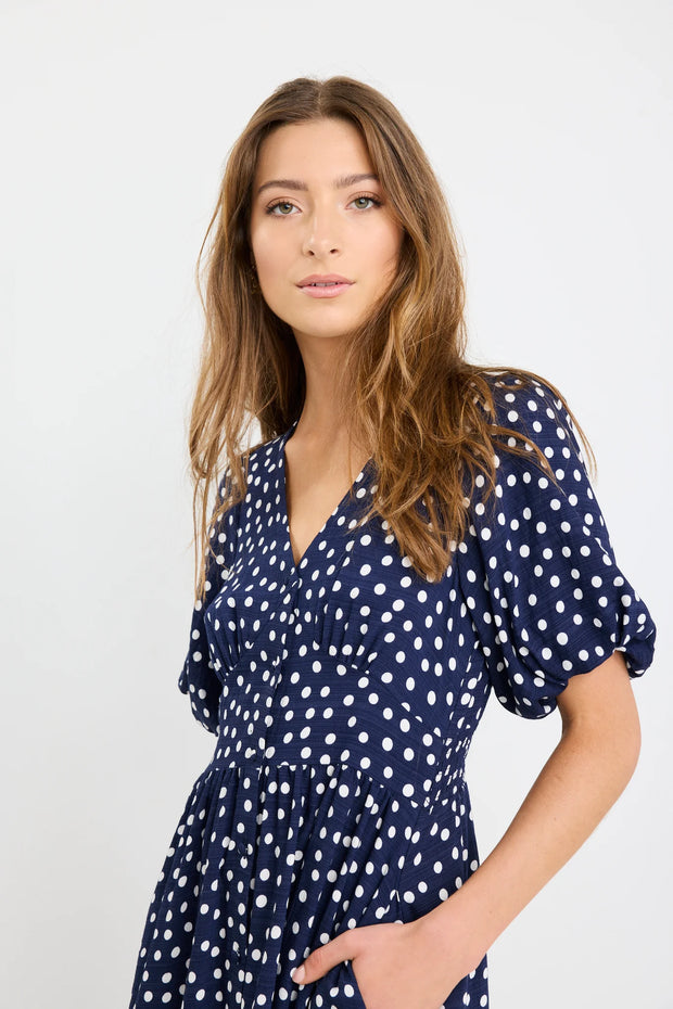 Lisbon Navy Polka Dot Puff Sleeve Midi Dress