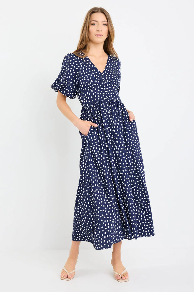 Lisbon Navy Polka Dot Puff Sleeve Midi Dress