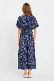 Lisbon Navy Polka Dot Puff Sleeve Midi Dress
