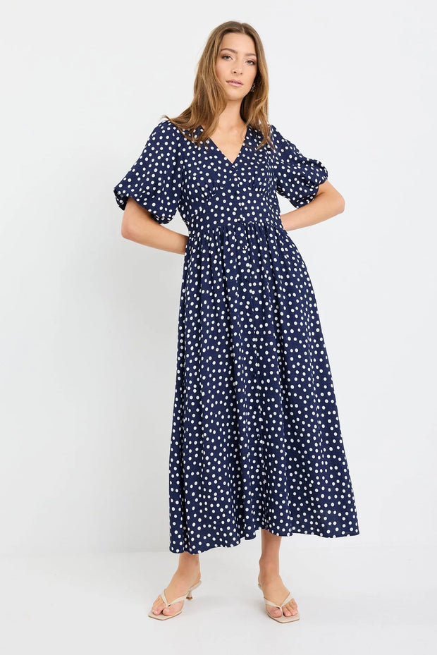 Lisbon Navy Polka Dot Puff Sleeve Midi Dress