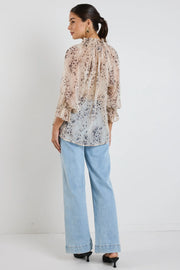 Odyssey Beige Leopard Georgette Shirred Neck LS Top