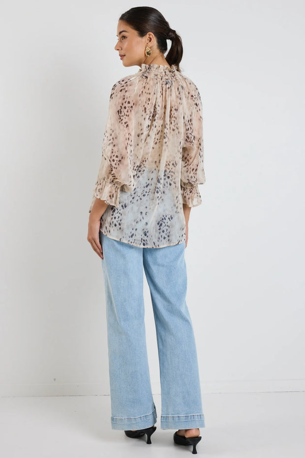 Odyssey Beige Leopard Georgette Shirred Neck LS Top