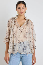 Odyssey Beige Leopard Georgette Shirred Neck LS Top