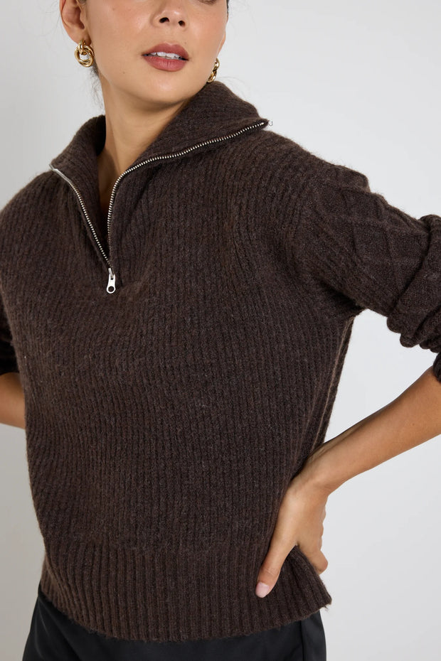 Trinket Chocolate Quarter Zip Cable Jumper