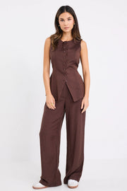 Shelter Chocolate Linen Viscose Flat Front Wide Pants