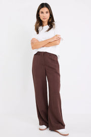 Shelter Chocolate Linen Viscose Flat Front Wide Pants