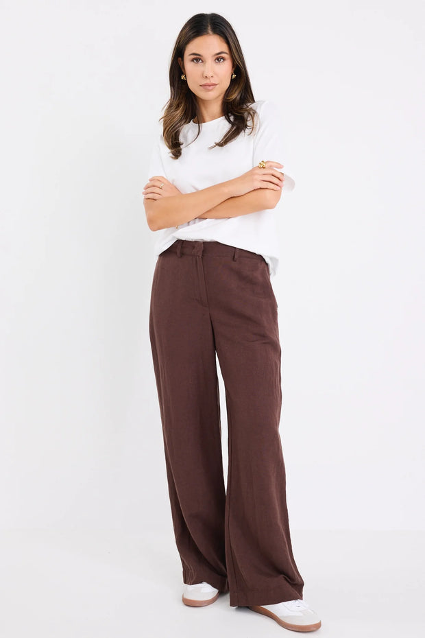 Shelter Chocolate Linen Viscose Flat Front Wide Pants