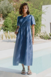 Wren Cornflower Blue Linen SS Shirred Bodice Midi Dress
