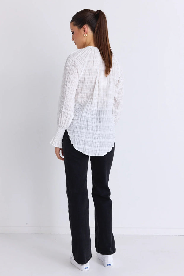 Sonnet White Shirred Cotton High Neck Top