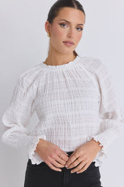 Sonnet White Shirred Cotton High Neck Top